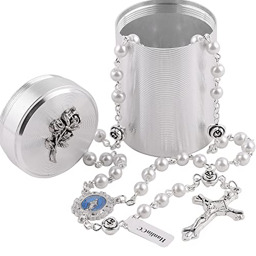 HanlinCC 6mm Glass Pearl Beads with Rose Flower Our Father Beads Miraculous Catholic Rosary Necklace with Rose Metal Catholic Gift Box for Men and Women (White Miraculous Rosary)
