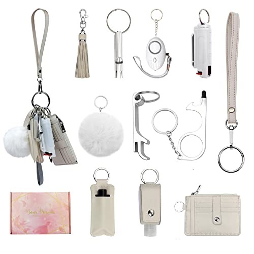Araafur Wristlet Keychain Set with RFID Wallet Card Holder and Bottle Opener, Car Keychain Accessories for Women (Beige Keychain Wallet Set)