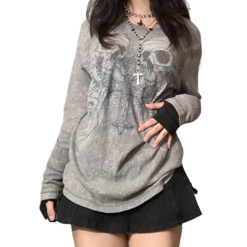 Tsultryofs Women Vintage Fairy Grunge Y2K Long Sleeve Shirt Slim Fit Skull Printed Gothic Hoodies Aesthetic Tunic Tops (Grey Skull 1, Medium)