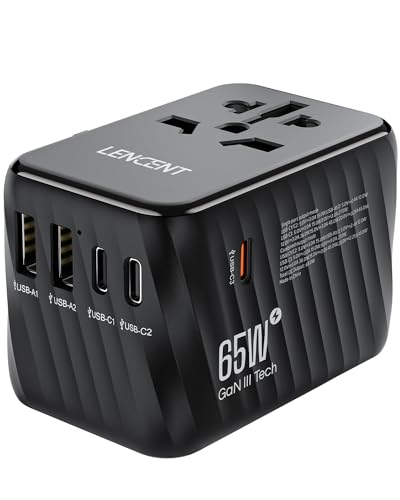 LENCENT International Travel Adapter, 65W GaN3 Universal Fast Charger with 2 USB A + 3 Type C PD, Worldwide Power Adaptor for Phones,Laptops, All in One Travel Essentials for EU/USA/UK/AU, Black