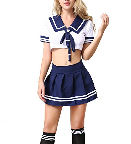 ANJAYLIA Women Lingerie Schoolgirls Outfit Lingerie Roleplay Cosplay Sailor Costumes with Socks(Blue)