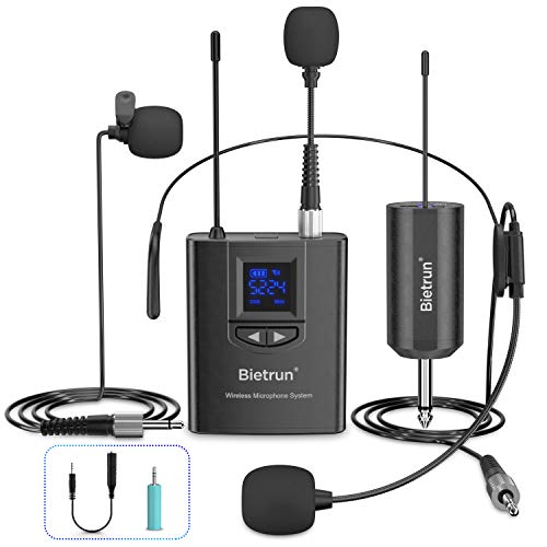 Bietrun UHF Wireless Lavalier Lapel Microphone System/Headset Mic/Stand Mic, 165ft Range, Rechargeable Transmitter Receiver, 1/4' Output, for iPhone,Android,PA Speaker,DSLR Camera,YouTube, Recording
