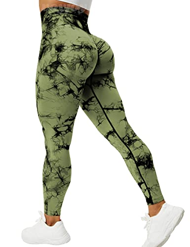 VOYJOY Tie Dye Seamless Leggings for Women High Waist Yoga Pants, Scrunch Butt Lifting Elastic Tights (#1 Army Green, Small)