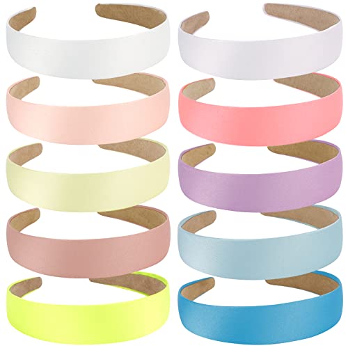 Wecoe 10 Pack Satin Headbands Girls 1.3 Inch Wide Headbands Non Slip Fashion White Pink Purple Blue Colorful Plain Head bands Hair Bands DIY Short Hair Accessories for Women Girls Diademas Para NiñAs