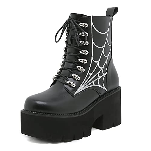 mikarka Women's Chain Platform Boots Lace Up & Zipper Chunky Heel Black Combat Ankle Booties Fashion Studded Motorcycle Boots
