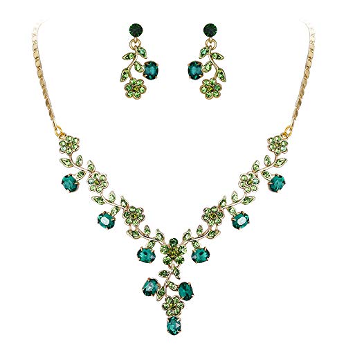EVER FAITH Wedding Jewelry Set for Bride Austrian Crystal Cluster Flower Leaf Necklace Earrings Set Green Gold-Tone