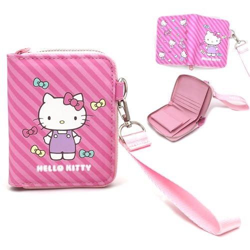 Cute Japanese Character Cat Kitty Small Zipper Purse Coin Card Bill Holder Zip Around Pink Mini Vegan Leahter Wallet with Keyring Hand Strap for Girls Teen Women