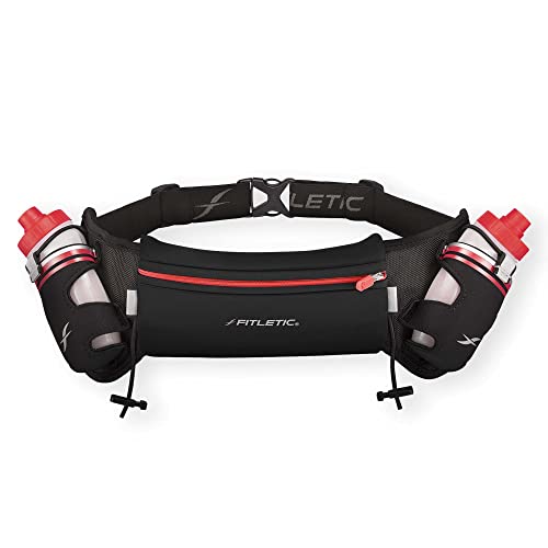 Fitletic Hydration Running Belt With Water Bottles For Men & Women – 2 Quick Flow 8oz Running Water Bottles, Patented Bounce Free Design, Water Resistant Pouch Fits All Phones – Hydra 16