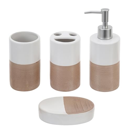 MyGift Deluxe 4 Piece Dual Tone White with Clay Stripe Ceramic Bathroom Accessories Set, includes Soap Dish, Pump Dispenser, Tumbler Cup, and Toothbrush Holder