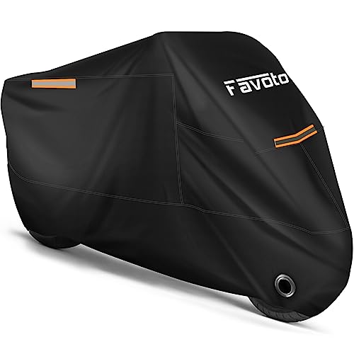 Favoto Motorcycle Cover All Season Universal Weather Quality Waterproof Sun Outdoor Protection Night Reflective with Lock-Holes & Storage Bag Fits up to 96.5' Motorcycles Vehicle Cover