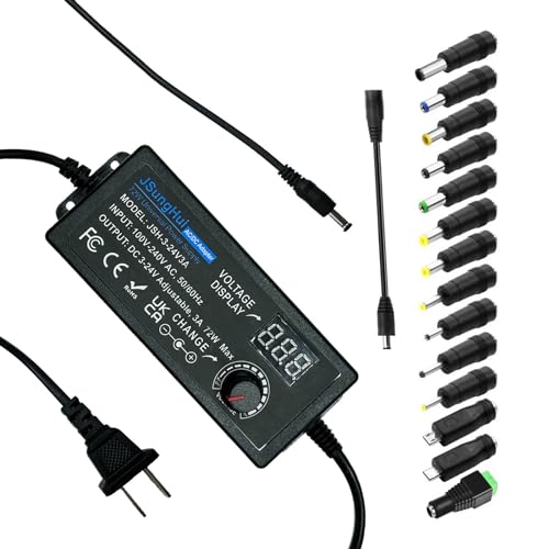 72W Power Supply Adjustable DC 3V ~ 24V Universal Switching AC/DC Adapter 100V-240V AC to DC Converter with LED Voltage Display and 14 Tips,for LED Strip Light Printer Speaker- 3A Max