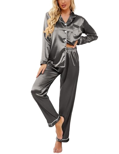 Ekouaer Women's Classic Button Down Long Satin Silk Pajama Set,Medium,Deep Grey