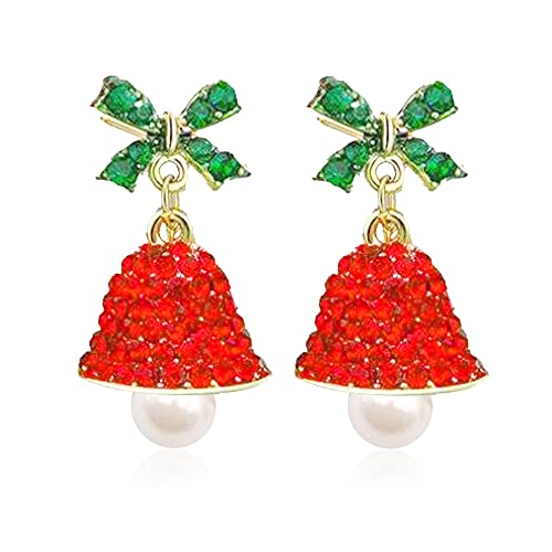 Red Crystal Bell Christmas Bow Earrings Santa Christmas Dangle Earrings Elk Santa Hat Butterfly Bell Christmas Earrings Rhinestone Christmas Stud Earrings for Women Teen Girls (Red)