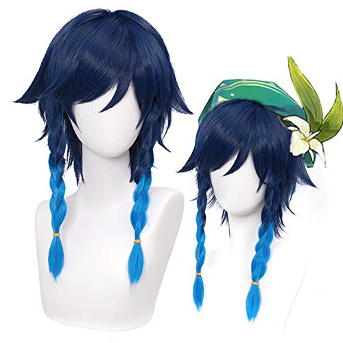 Amback Venti Cosplay Wig Ombre Blue Braid Cosplay Wig for Game Cosplay Gradient Party Wig (Venti-Blue Gradient)