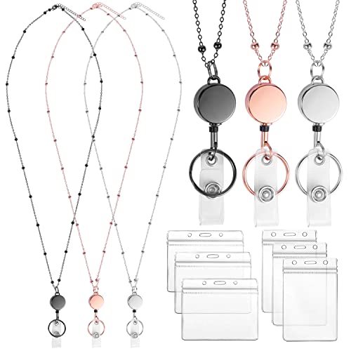 Lanyards for Id Badges 3 Pack Badge Lanyard with 6 Pcs Id Badge Holder Retractable Stainless Steel Teacher Cruise Ship Lanyards Stocking Stuffers for Women Adults (Black, Silver, Rose Gold)