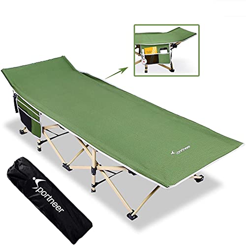 Sportneer Camping Cots for Adults, Camp Cot 2 Side Pockets Cots for Sleeping 450LBS(Max Load) Portable Folding Cots Extra Wider Cot with Carry Bag for Camping Beach Lounging BBQ Hiking Office
