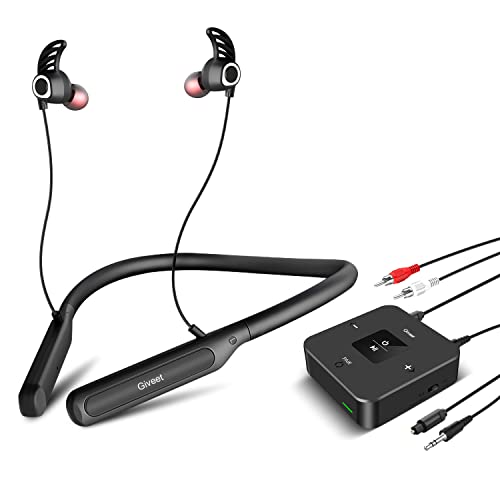 Giveet Wireless Headphones for TV Watching, 16Hrs Neckband Earbuds w/Bluetooth 5.0 Transmitter Adapter Set for Seniors, Support Optical Digital, RCA, 3.5mm AUX Ported TVs, Plug & Play, No Audio Delay