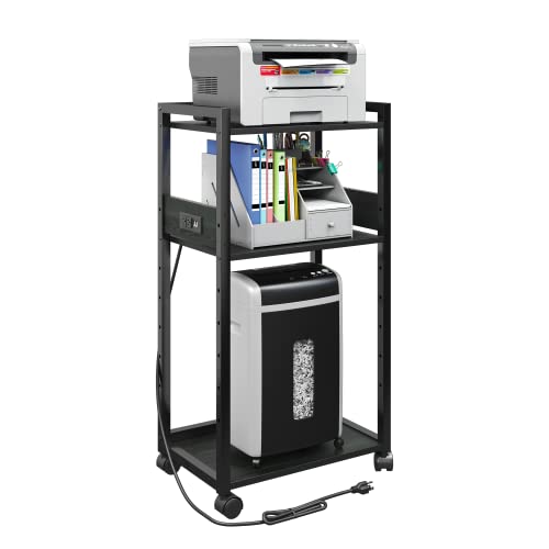 TC-HOMENY 3-Tier Movable Printer Stand with Storage Rolling Floor-Standing Deskside Shredder Computer Host Stand Adjustable Storage Shelf Rack for Office Supplies Fax Scanner File Book