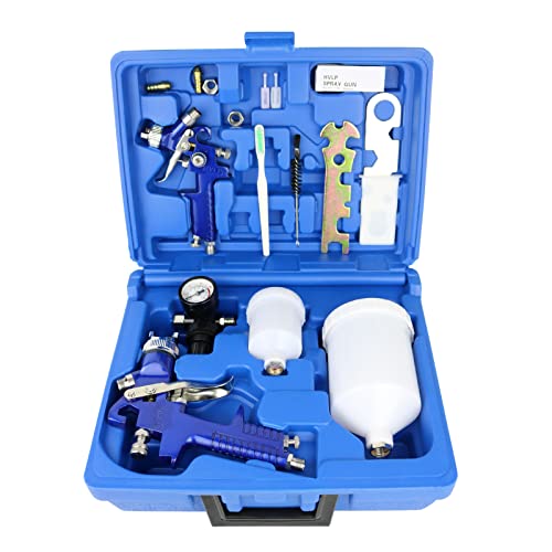 HVLP Air Gravity Spray Gun Set,2-Sprayer Paint Gun,0.8mm 150ml & 1.4mm 600ml Auto Gravity Feed Painting with Locking Air Pressure Regulator Gauge Air Spray Nozzle Gun for Cake Decoration,Model Making