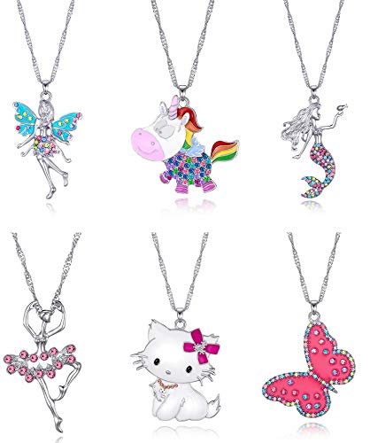 6 Pcs Cute Pastel Crystal Necklaces for Teens - Adorable Unicorn, Fairy, Butterfly and Cat Necklaces for Women