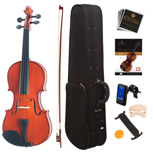 ﻿Mendini By Cecilio Violin For Kids & Adults - 4/4 MV Natural Varnish Finish Violins, Student or Beginners Kit w/Case, Bow, Extra Strings, Tuner, Lesson Book - Stringed Musical Instruments