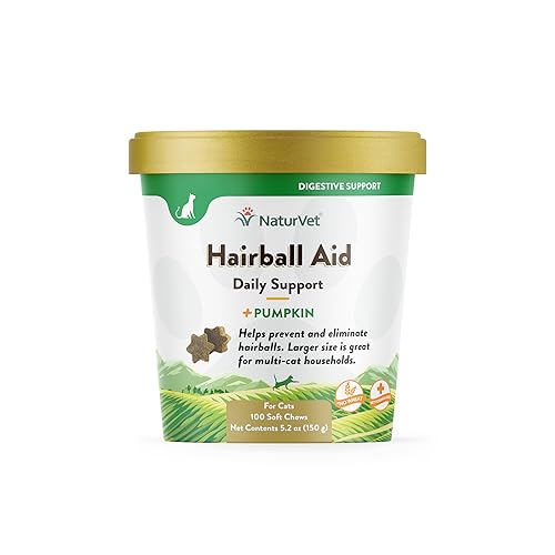 NaturVet – Hairball Aid Supplement for Cats - Plus Pumpkin – Helps Eliminate & Prevent Hairballs – 100 Soft Chews