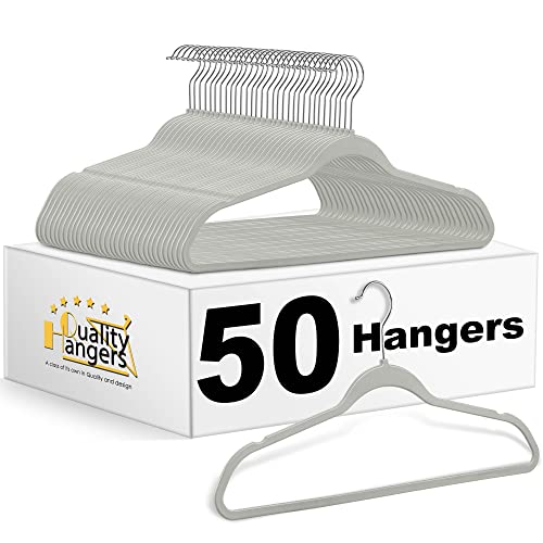 Quality Hangers Clothes Hangers 50 Pack - Non-Velvet Plastic Hangers for Clothes -Heavy Duty Coat Hanger Set -Space-Saving Closet Hangers with Chrome Swivel Hook, Functional Non-Flocked Hangers, Gray
