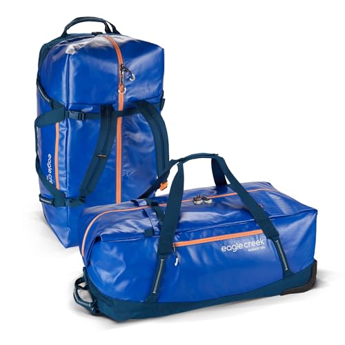 Eagle Creek Migrate Wheeled Duffel 110L Travel Bag - Featuring Durable Water-Resistant 100% Recycled Materials, Wide Mouth Opening, and Tuck Away Backpack Straps, Mesa Blue