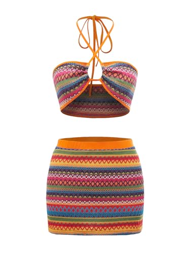 MakeMeChic Women's Boho Knitted 2 Piece Outfits Geo Print Tie Back Halter Crop Top and Bodycon Mini Skirt Set Multicolor L