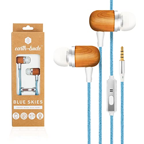 Earth-Budz - Genuine Wood Earbuds, in-Ear Noise-Isolating Headphones, with in-line Microphone. (Blue Skies)