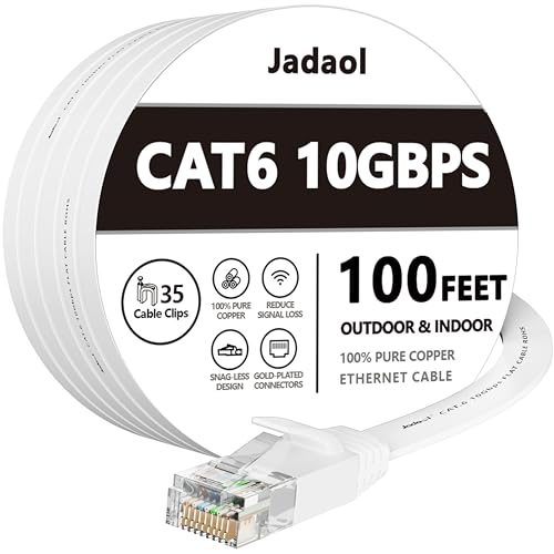 Cat 6 Ethernet Cable 100 ft, Outdoor&Indoor, 10Gbps Support Cat8 Cat7 Network, long Flat Internet LAN Patch Cord, Cat6 Solid High Speed weatherproof Cable for Router, Modem, PS4/5, Xbox, Gaming, White