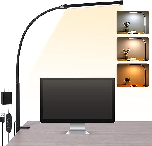 Voncerus LED Desk lamp with Clamp, Eye-caring Clip on Lights for Home Office, 3 Modes 10 Brightness, Long Flexible Gooseneck,Metal, Swing Arm Architect Task Table Lamps with USB Adapter, Black