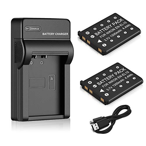 Mliepow 2 Pack EN-EL10 Battery and Micro USB Charger Compatible with Nikon Coolpix S60, S80, S200, S205, S220, S230, S500, S510, S520, S570, S600, S700, S3000, S4000 Digital Cameras, MH-63 Charger