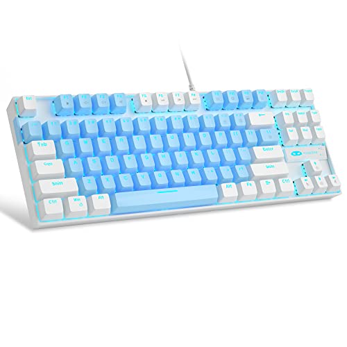 MageGee 75% Mechanical Gaming Keyboard with Blue Switch, LED Blue Backlit Keyboard, 87 Keys Compact TKL Wired Computer Keyboard for Windows Laptop PC Gamer - Blue/White