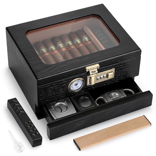 Tesonway Cigar Humidor, Cedar Wood Humidor Cigar Box, Glass Top Desktop Humidor with Front Hygrometer, Humidifier, Divider, Accessories Drawer and Combination Lock, Holds 20-35 Cigars