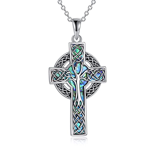 YFN Celtic Cross Necklace Sterling Silver Celtic Tree of Life Pendant Abalone Shell Cross Jewelry Gifts for Women Men