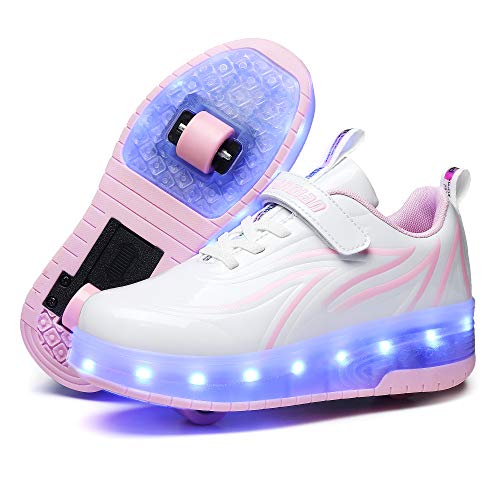 HHSTS kids shoes with Wheels LED light color shoes shiny roller skates skate shoes simple kids gifts boys girls The best gift for party birthday Christmas day(3 Little Kid,White pink)