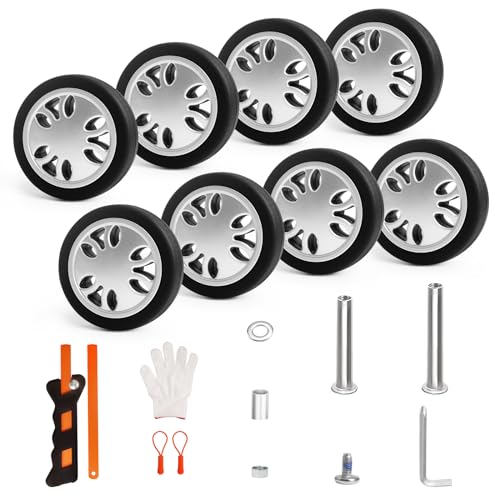 Luggage Spinner Wheels Repair Set 8PCS 2in/50mm Swivel Wheel 0.59in/15mm Thick PVC Rubber Inline Wheel 2Size Axles Full Set Repair Tool for Spinner Suitcase Trolley Bag Drawbar Travel Box