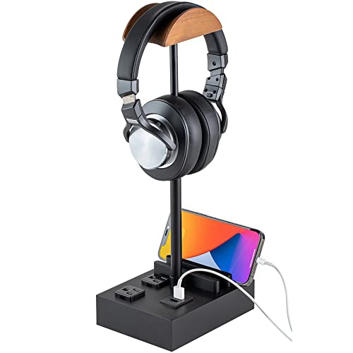 CASTLELIFE Headphone Stand Desktop Gaming Headset Holder with 2 AC Outlets and USB C&A Ports, Charging Station&Phone Stands, Height Adjustable Wood Earphone Table Game Accessories for Desktop Gamer