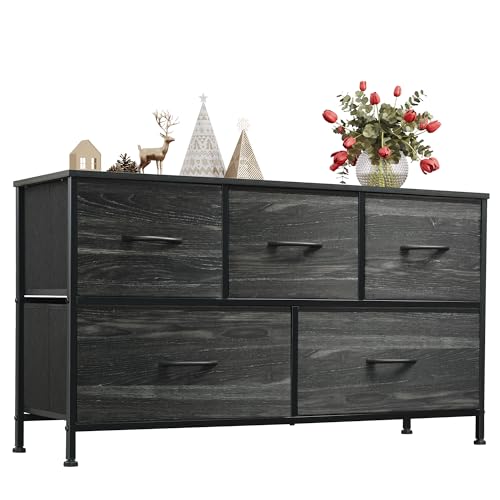 WLIVE Dresser for Bedroom with 5 Drawers, Wide Chest of Drawers, Fabric Dresser, Storage Organizer Unit with Fabric Bins for Closet, Living Room, Hallway, Charcoal Black Wood Grain Print