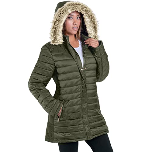 Facitisu Womens Winter Warm Jacket Long Down Faux Fur Hooded Quilted Sherpa Lined Coat (Olive, 1XL)