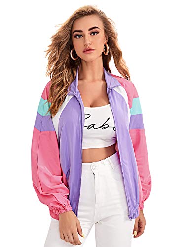 SweatyRocks Women's Casual Lightweight Color Block Bomber Jacket Purple Pink S