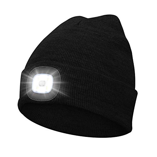 Beanie Hat with Light Unisex LED Beanie Hat with Light USB Rechargeable Running Hat Alpine Cap Gift for Men and Women Teens (Black)