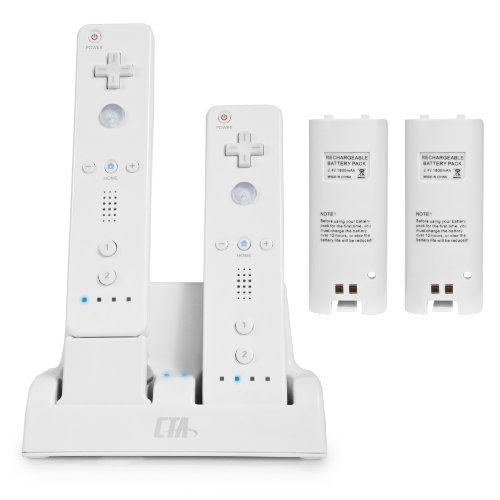 CTA Digital Wii Remote Dual Charge Station with 2 Rechargeable Batteries (White)