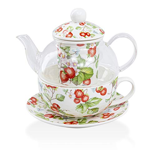 Grace Teaware 5-Piece Glass Porcelain 13-Ounce Tea For One With Infuser (Floral Strawberry Field)