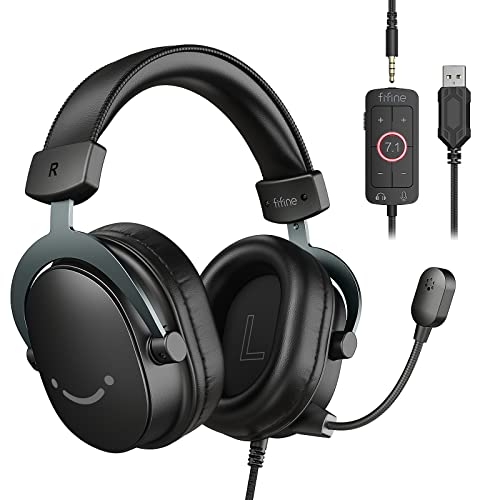 FIFINE PC Gaming Headset, USB Headset with 7.1 Surround Sound, Detachable Microphone, Control Box, 3.5mm Headphones Jack, Over-Ear Wired Headset for PS5/PS4/Xbox/Switch, Black-AmpliGame H9