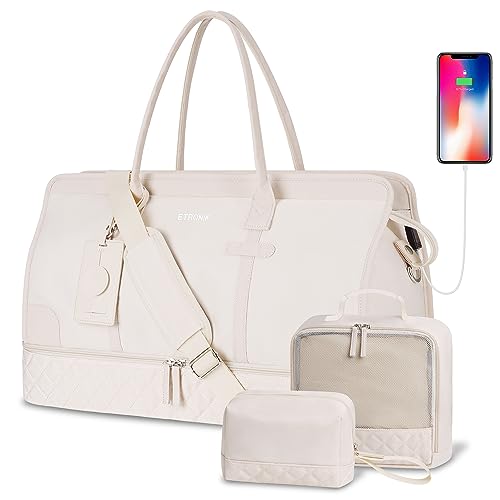 ETRONIK Weekender Overnight Bag for Women, Large Travel Duffle Bag with Shoe Compartment & Wet Pocket, Carry On Tote Bag Gym Duffel Bag with Toiletry Bag, Bag for Hospital 4 Pcs Set, Large Size, Beige