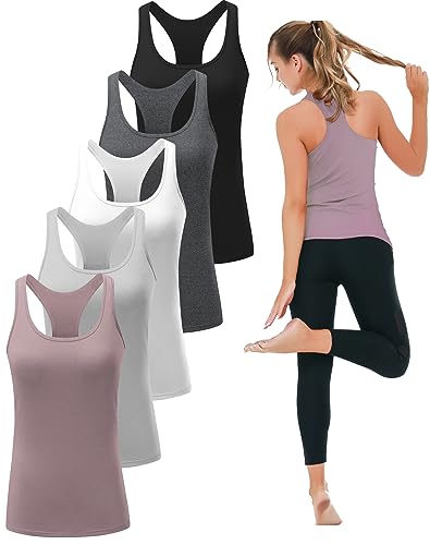 TELALEO 5 Pack Workout Tank Tops for Women, Athletic Racerback Sports Tops, Compression Sleeveless Dry Fit Shirts Black/Grey/White/Light Grey/Purple M/02