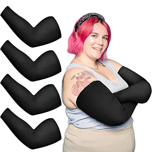 4 Pairs Plus Size Arm Sleeves UV Sun Protection Cooling Ice Silk Oversized Arm Compression Sleeve Covers for Women (Black)