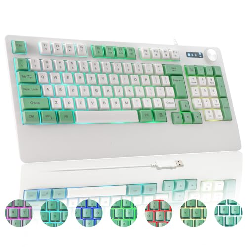 HUO JI USB Gaming Keyboard Wired with RGB LED Backlit, Multimedia Volume Knob, Wrist Rest, Mechanical Feel, Spill Resistant, Ergonomic for Computer, PC, Xbox, PS Series, Desktop, White/Green